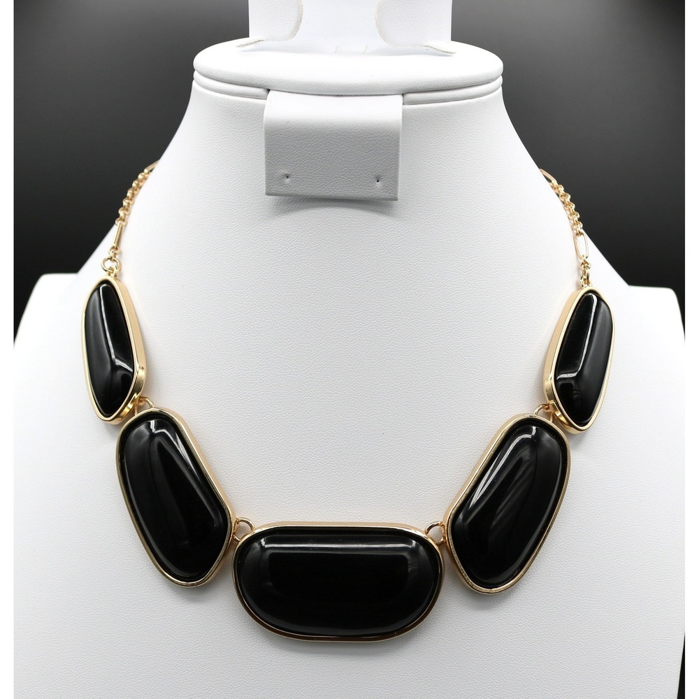 CHARTER CLUB Oval Cabochon Style Bib Necklace Black Gold Chunky Statement 18"